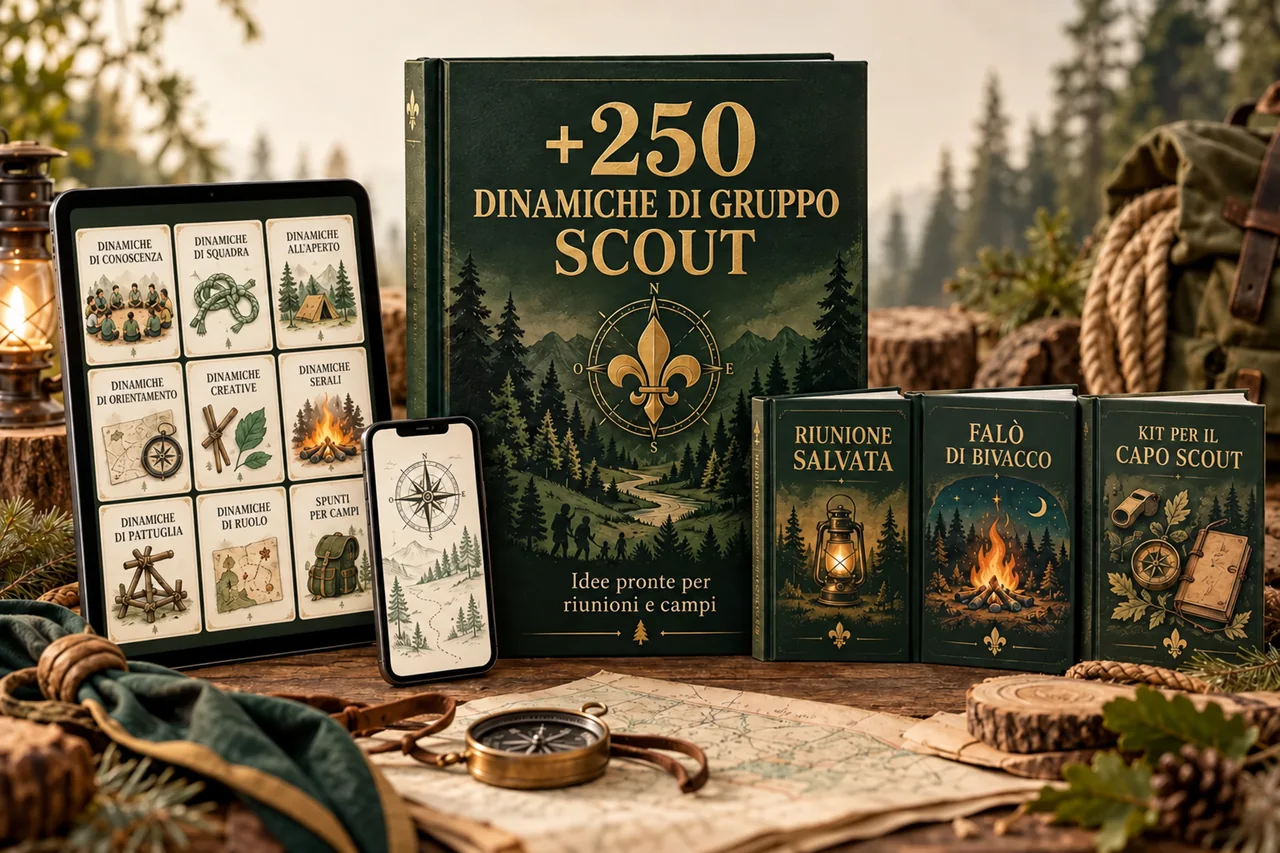 Raccolta digitale di dinamiche di gruppo scout con tablet, guida e tre bonus