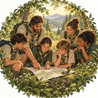 Illustrazione di un gruppo scout che consulta una mappa
